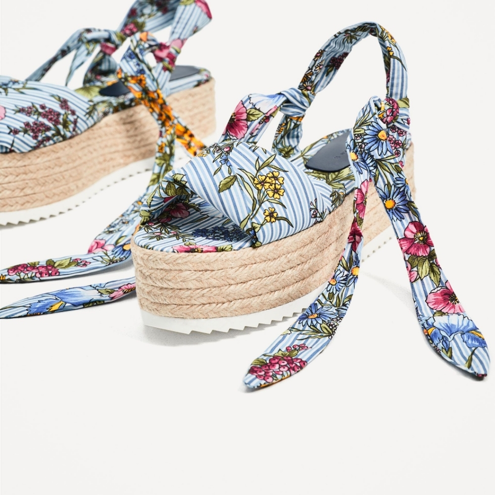 Zara Raffia floral tie up wedges espadrilles